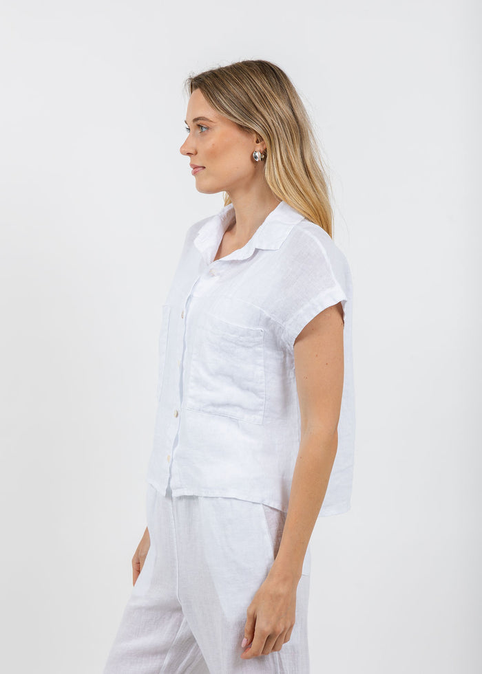 Elliott Lauren Effie Short Sleeve Linen Shirt in White available at Barbara Katz