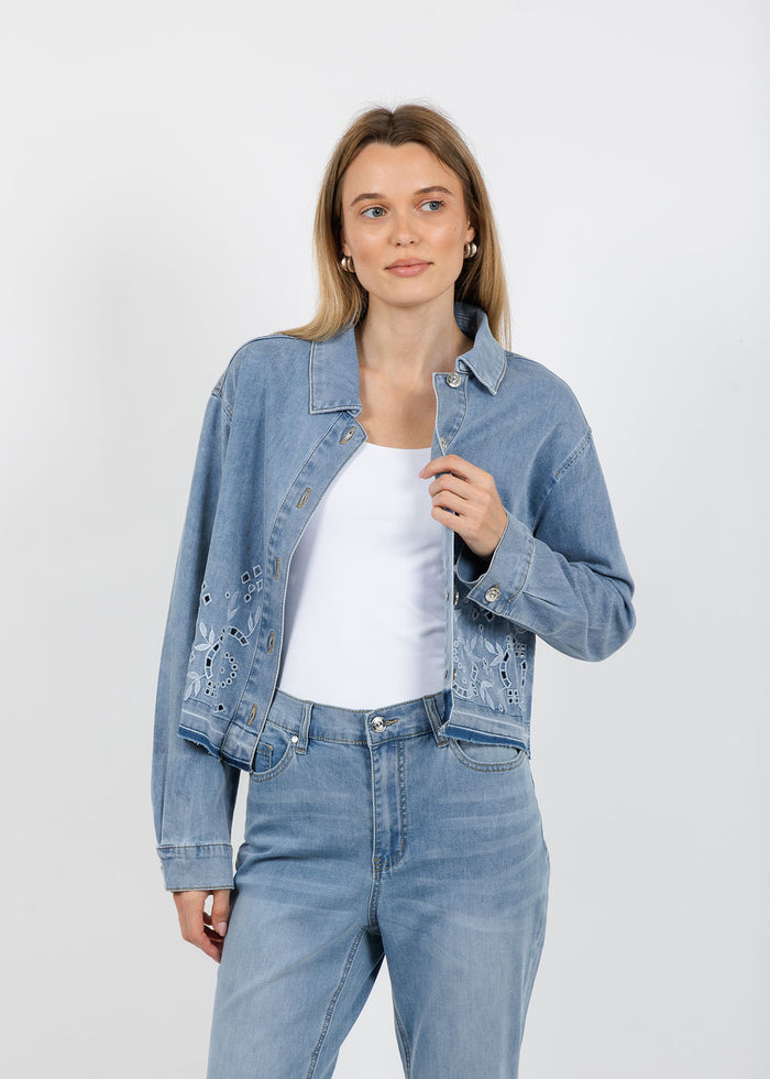 Oui Embroidered Denim Jacket in Blue available at Barbara Katz