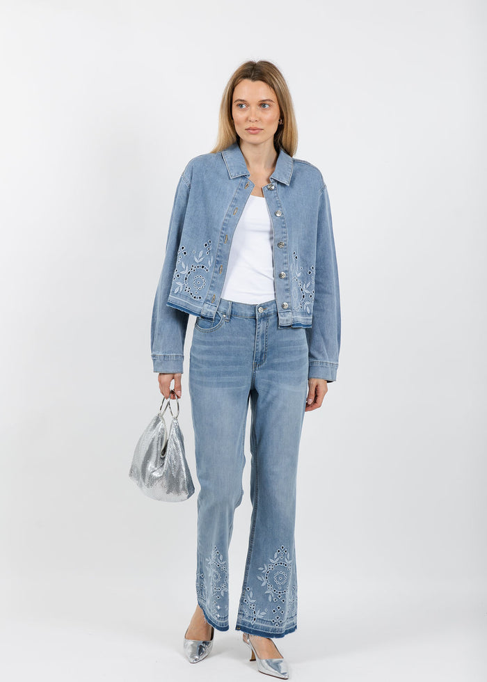 Oui Embroidered Denim Jacket and Bootcut Jeans in Blue available at Barbara Katz