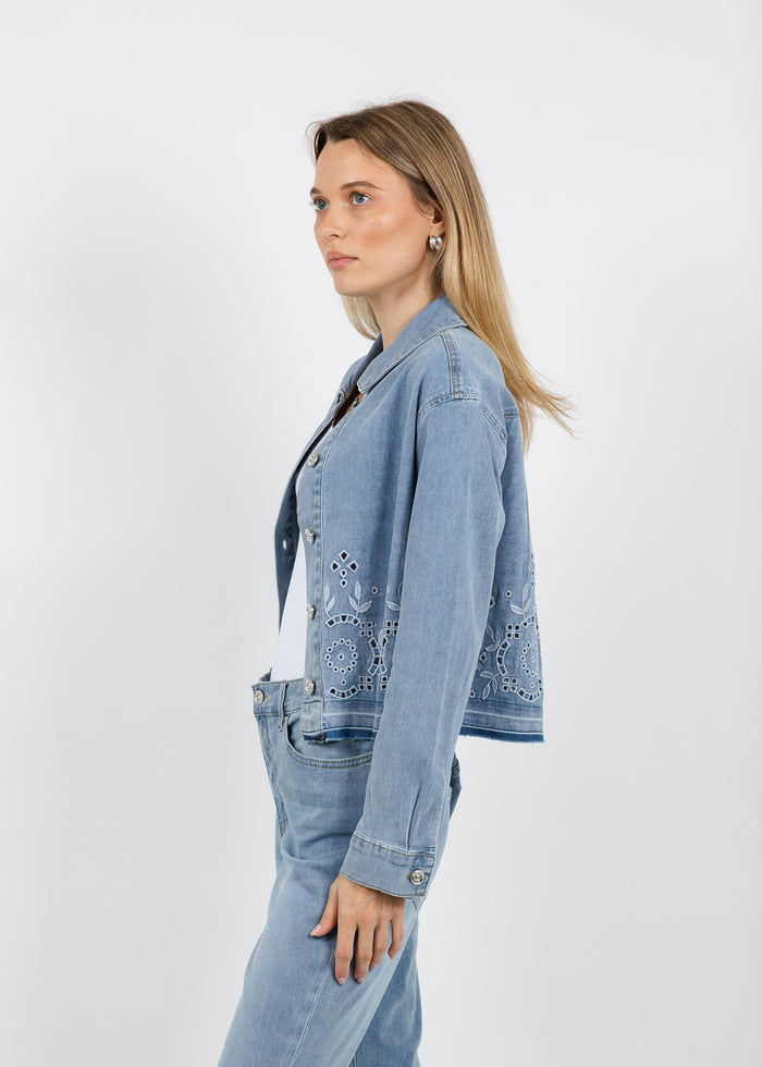 Oui Embroidered Denim Jacket in Blue available at Barbara Katz