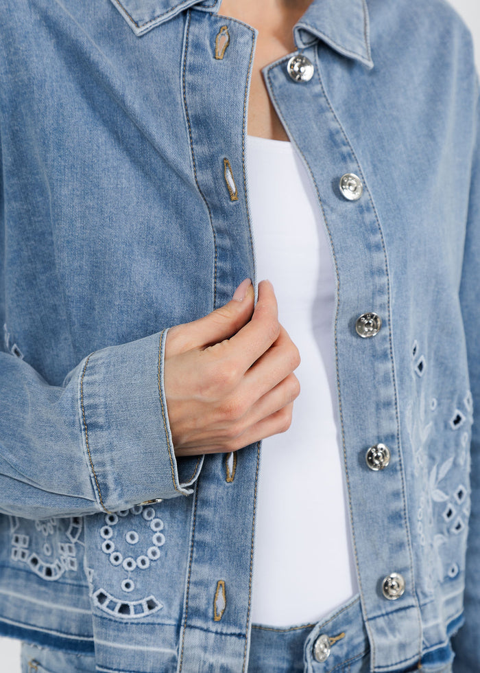 Oui Embroidered Denim Jacket in Blue available at Barbara Katz