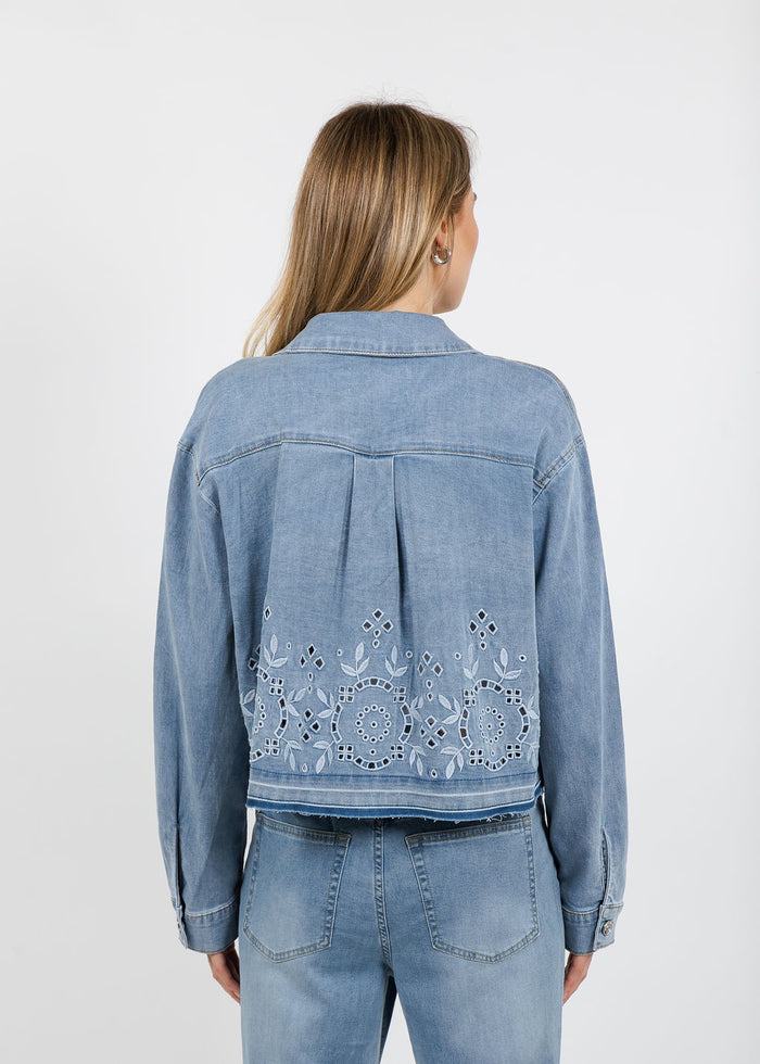 Oui Embroidered Denim Jacket in Blue available at Barbara Katz