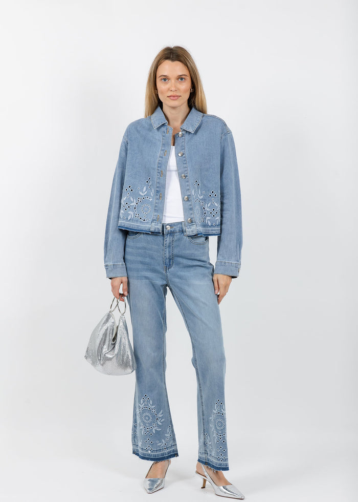 Oui Embroidered Bootcut Jeans and Denim Jacket in Blue available at Barbara Katz