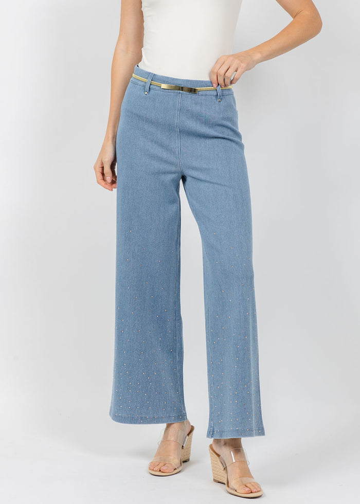 Lysse Erin Crystal Wide Leg Denim in Bleached Blue available at Barbara Katz