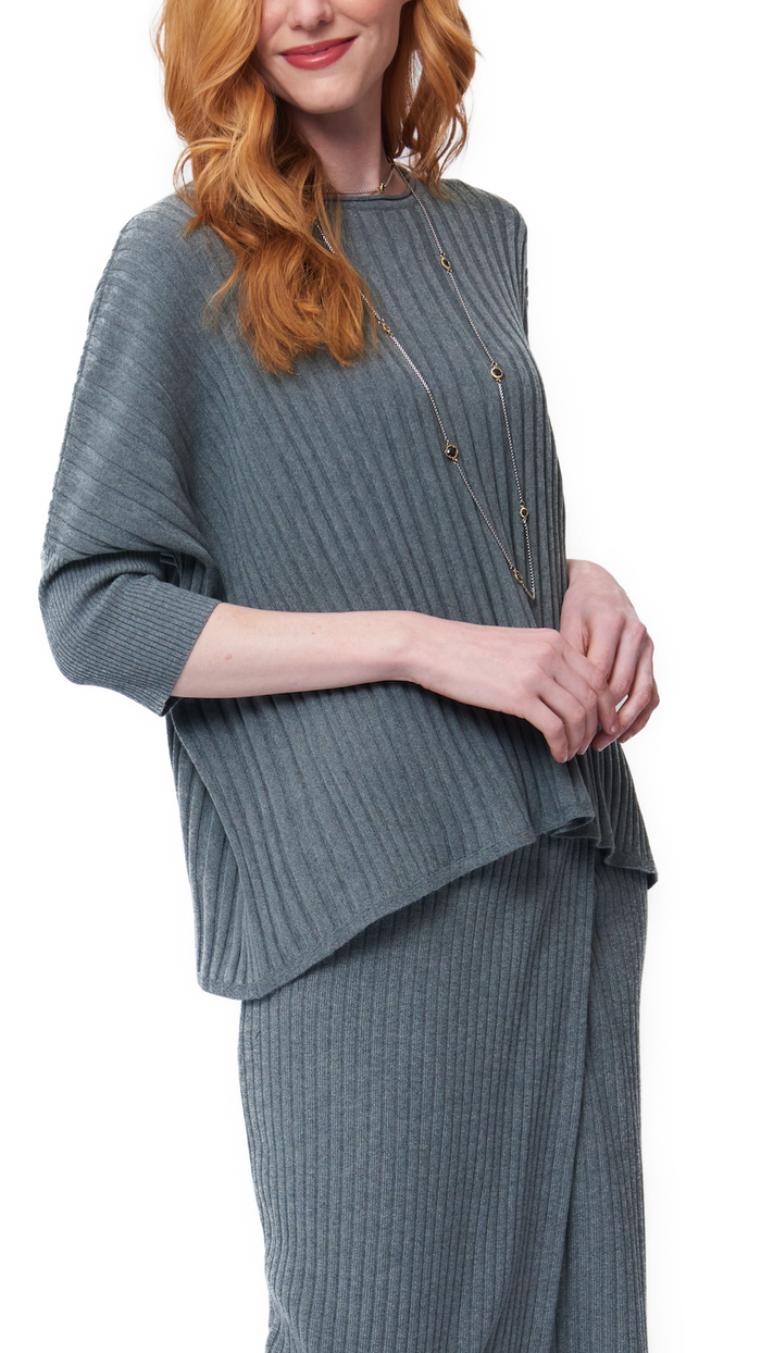 Erin Drop Shoulder 3/4 Sleeved Rib-Knit Top - Gray - Barbara Katz