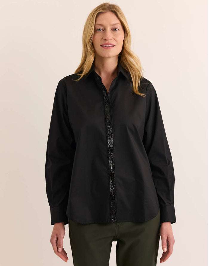 Hinson Wu Esther Long Sleeve Sequin Trim Shirt in Black available at Barbara Katz