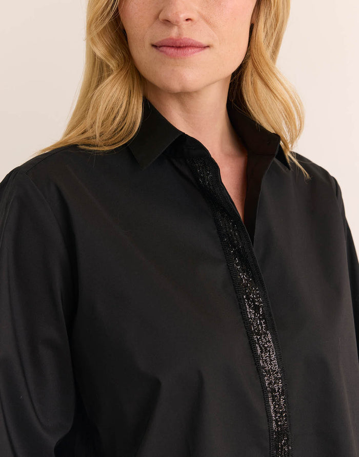 Hinson Wu Esther Long Sleeve Sequin Trim Shirt in Black available at Barbara Katz
