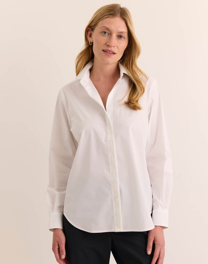 Hinson Wu Esther Long Sleeve Sequin Trim Shirt in White available at Barbara Katz