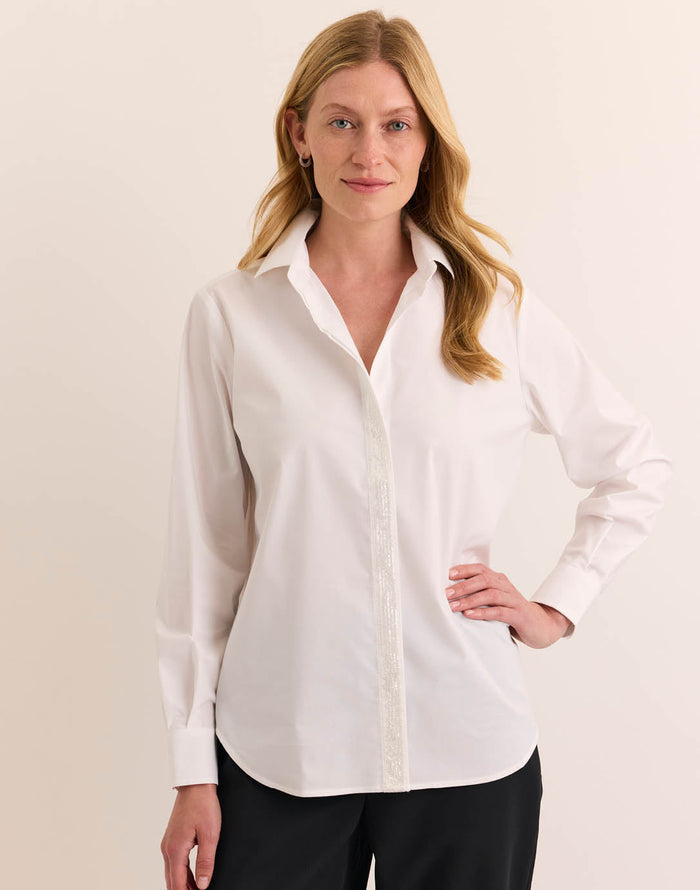 Hinson Wu Esther Long Sleeve Sequin Trim Shirt in White available at Barbara Katz
