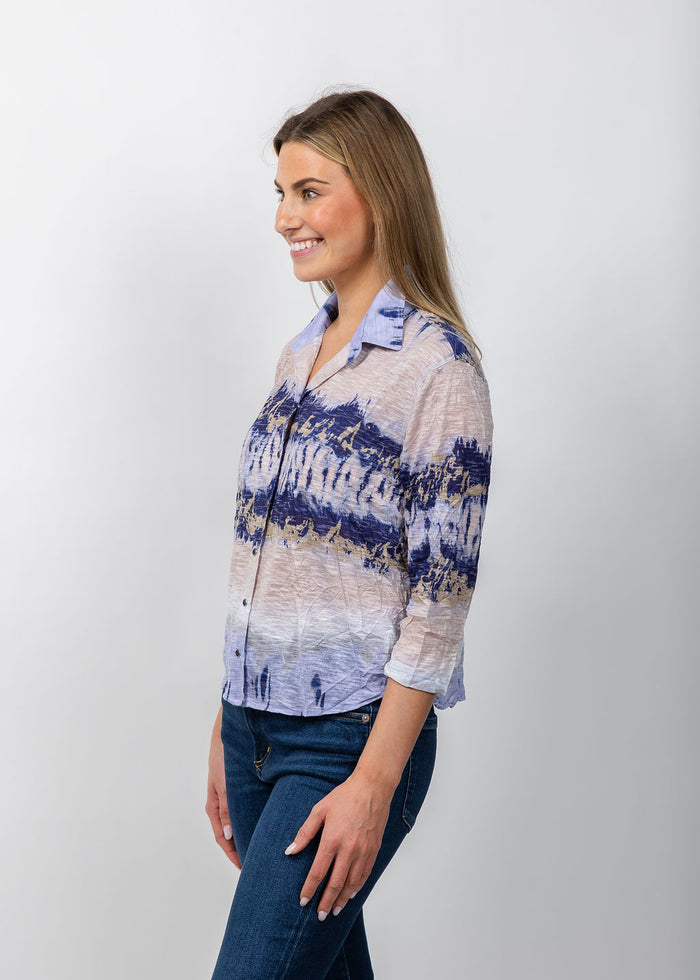 David Cline Evie Cropped Button Shirt in Iris available at Barbara Katz