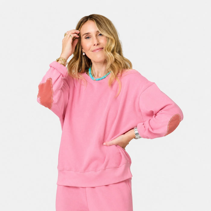Kerri Rosenthal Ex-Boyfriend Patchwork Sweatshirt in Palm Pink available at Barbara Katz