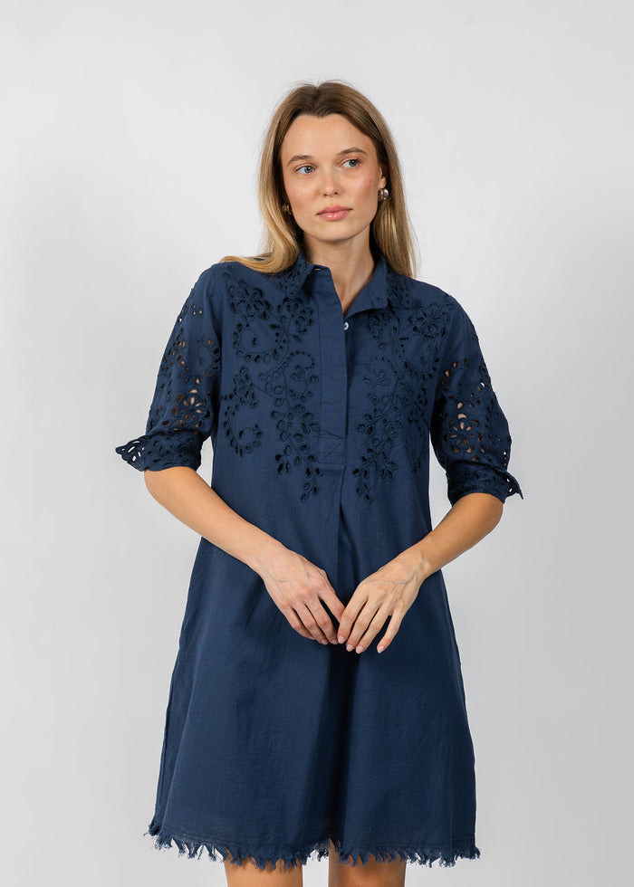 Dizzy-Lizzie Eyelet Dress in Navy available at Barbara Katz