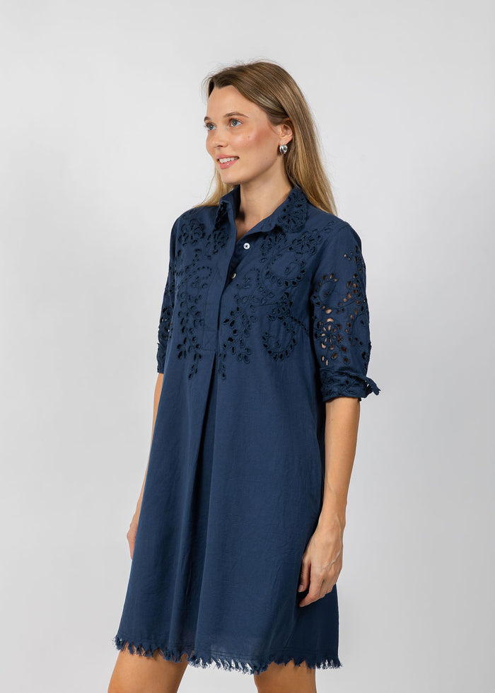 Dizzy-Lizzie Eyelet Dress in Navy available at Barbara Katz