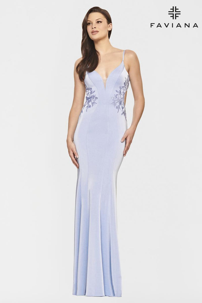 Faviana Long V-Neck Open Back Prom Dress S10815