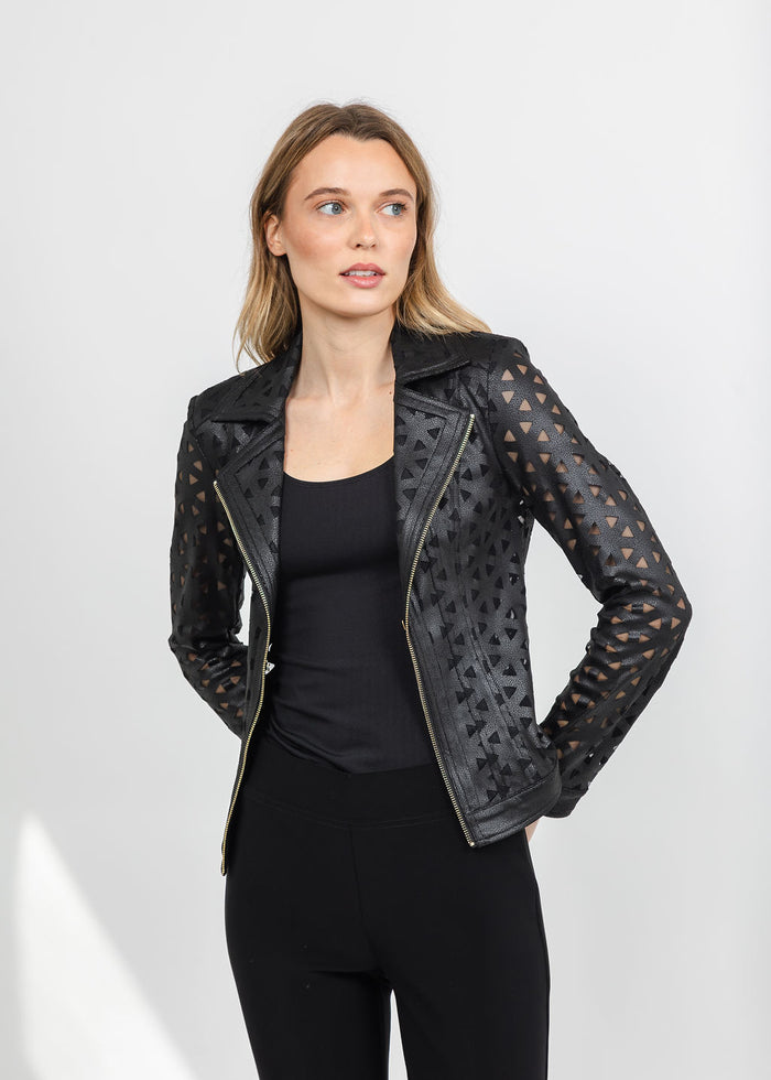 Joseph Ribkoff Foiled Faux Suede & Mesh Moto Jacket - Black available at Barbara Katz