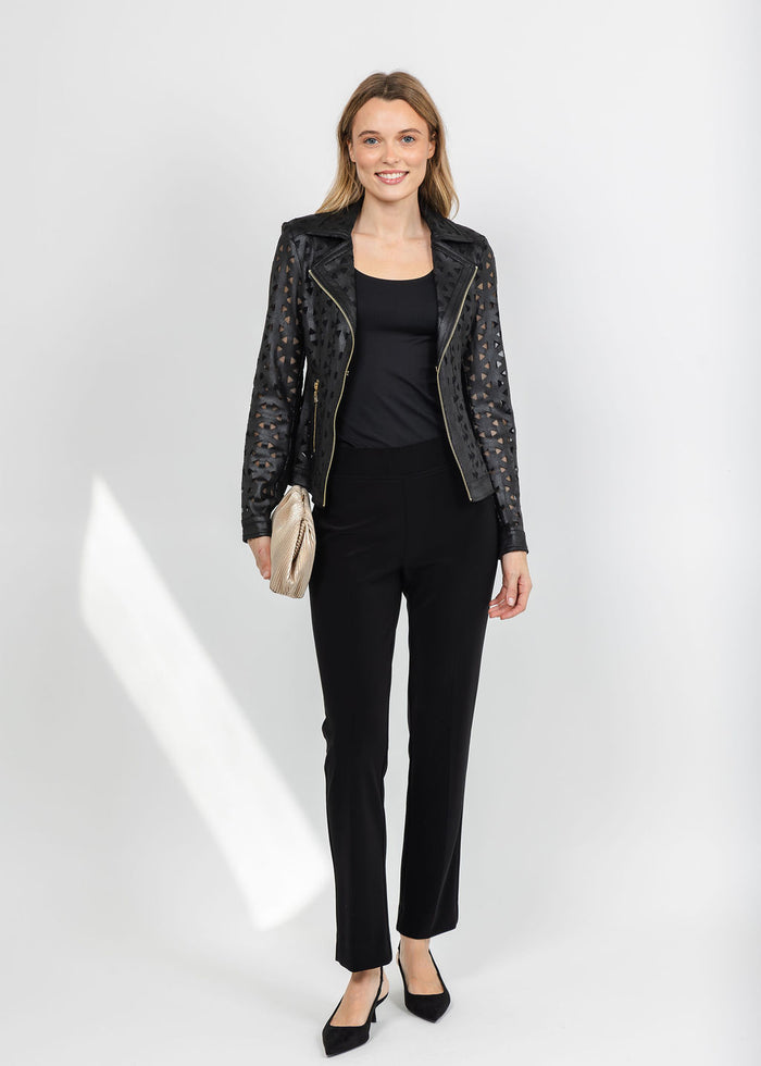 Joseph Ribkoff Foiled Faux Suede & Mesh Moto Jacket - Black available at Barbara Katz