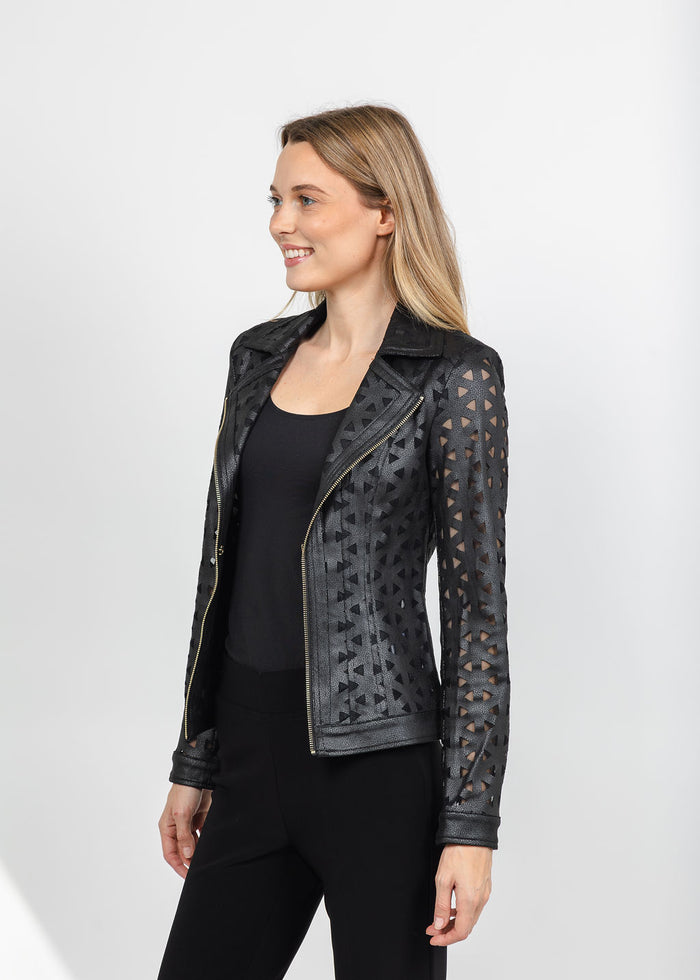 Joseph Ribkoff Foiled Faux Suede & Mesh Moto Jacket - Black available at Barbara Katz