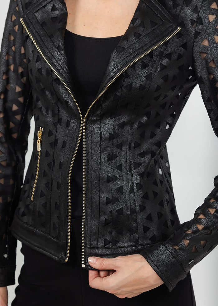 Joseph Ribkoff Foiled Faux Suede & Mesh Moto Jacket - Black available at Barbara Katz
