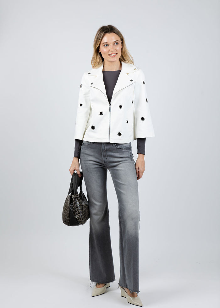 Joseph Ribkoff Foiled Faux Suede Swing Jacket With Grommets in Off White available at Barbara Katz
