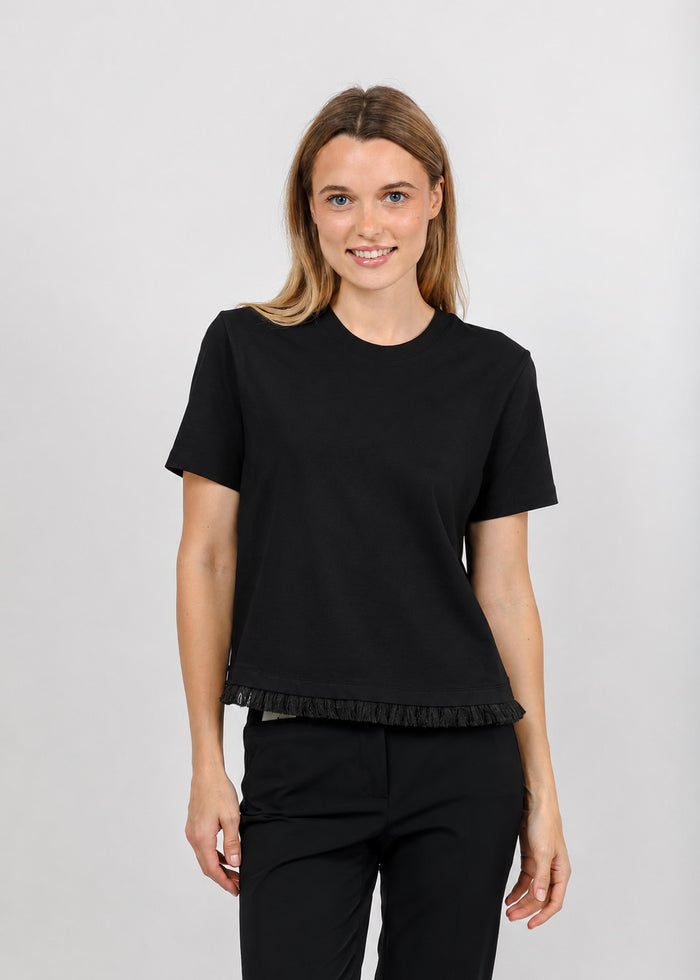 Margittes Fringe Hem Short Sleeve Tee in Black available at Barbara Katz
