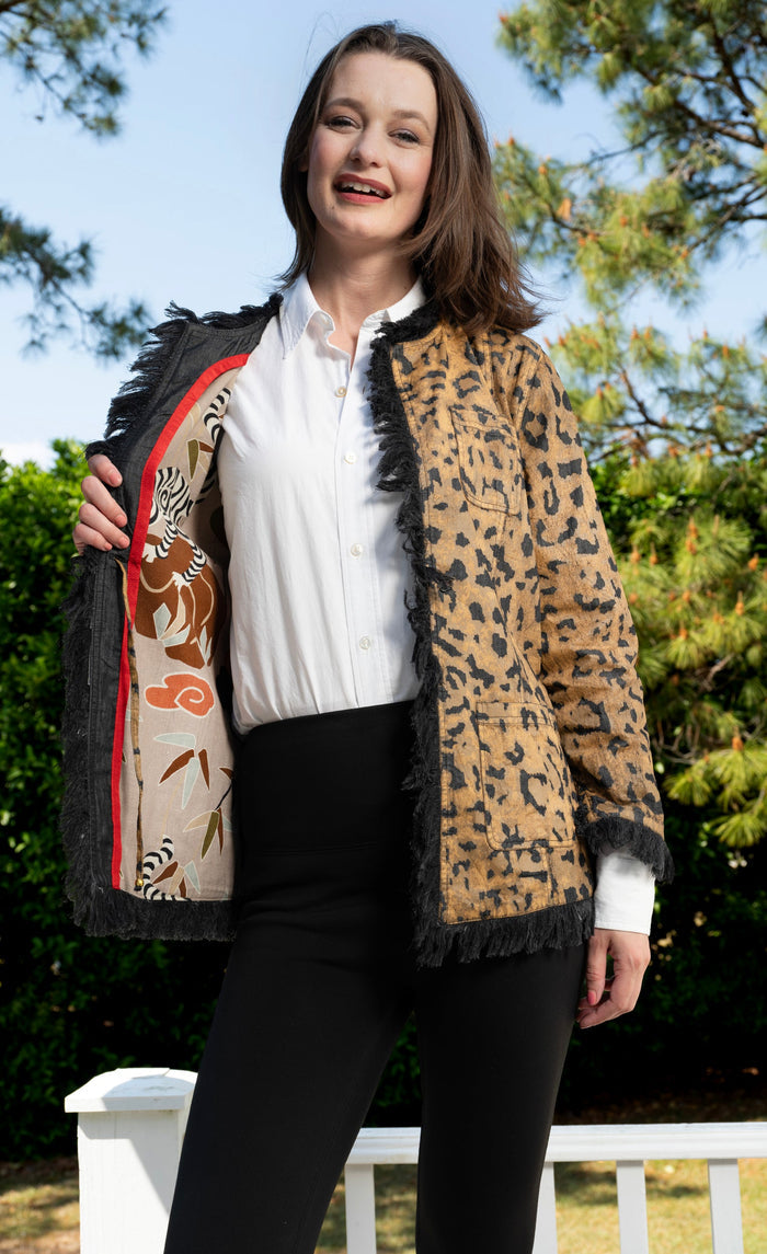 Dizzy-Lizzie Fringed Jacket Animal Print On Denim available at Barbara Katz