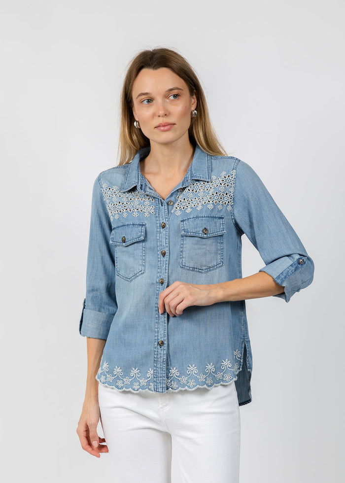 BK Golden Hour Butterfly Shirt in Washed Denim available at Barbara Katz