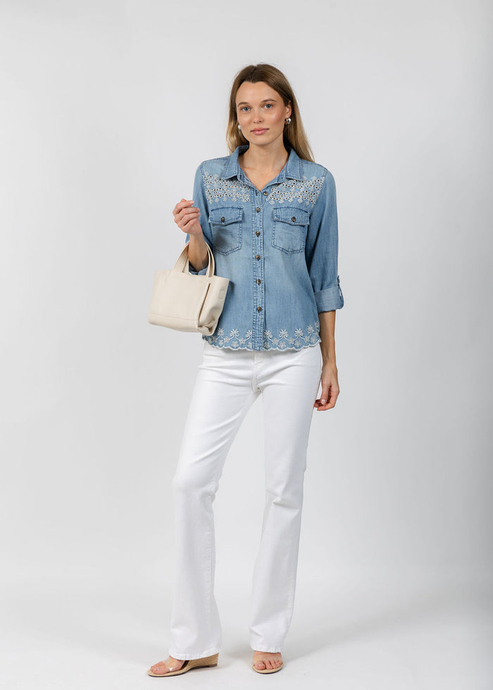 BK Golden Hour Butterfly Shirt in Washed Denim available at Barbara Katz