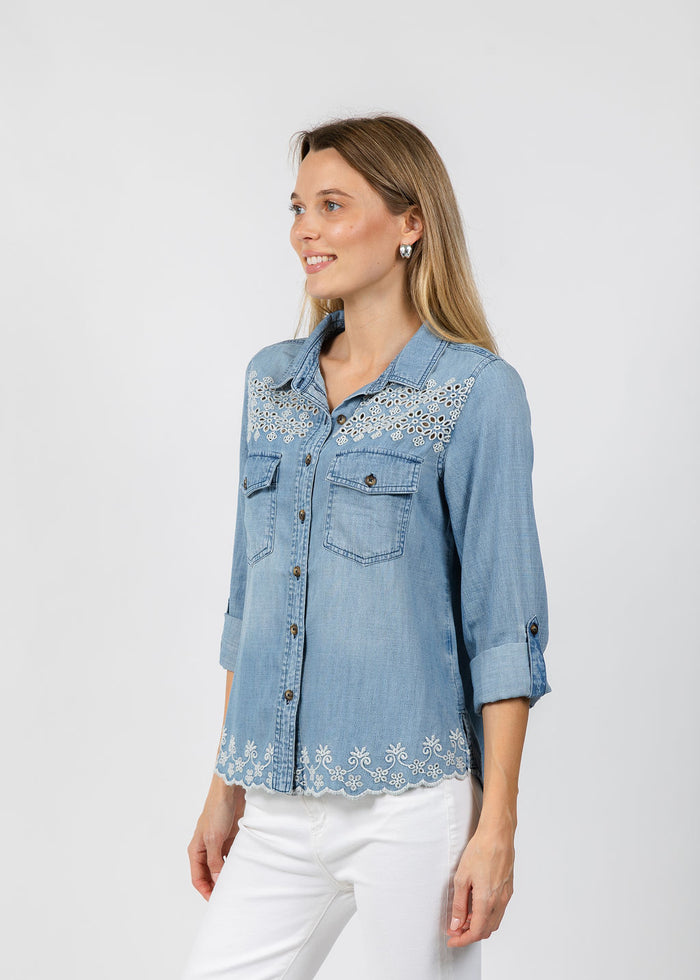 BK Golden Hour Butterfly Shirt in Washed Denim available at Barbara Katz