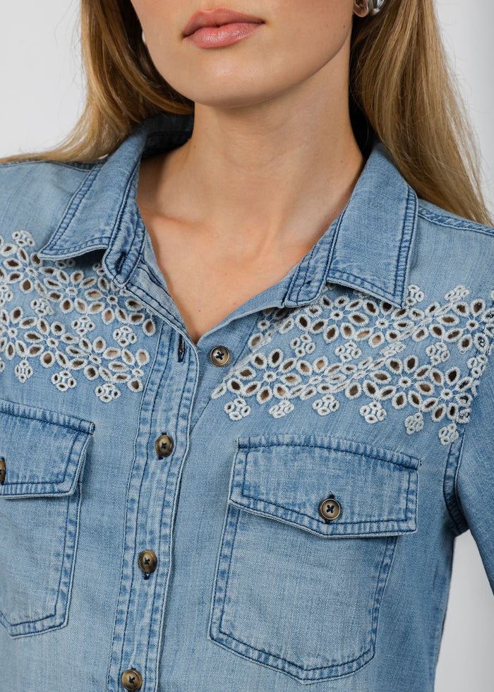 BK Golden Hour Butterfly Shirt in Washed Denim available at Barbara Katz