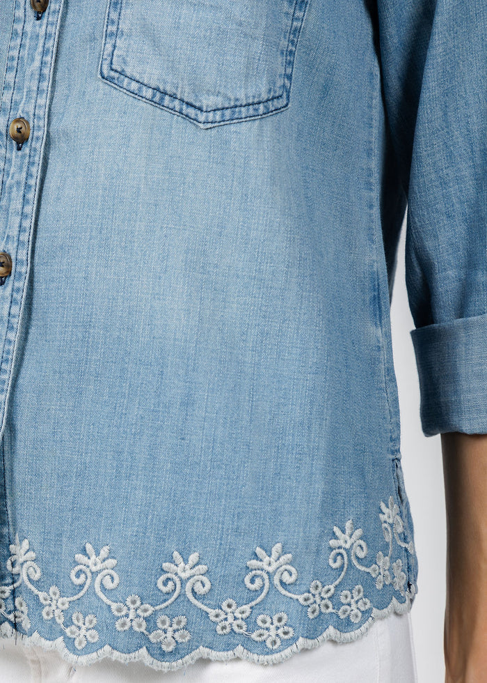 BK Golden Hour Butterfly Shirt in Washed Denim available at Barbara Katz