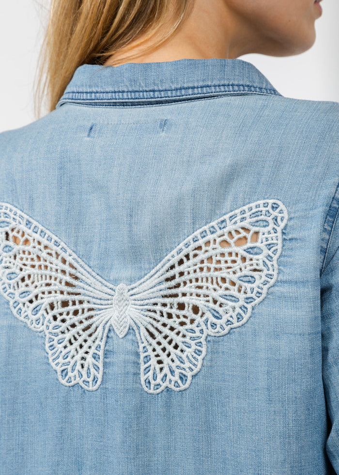 BK Golden Hour Butterfly Shirt in Washed Denim available at Barbara Katz