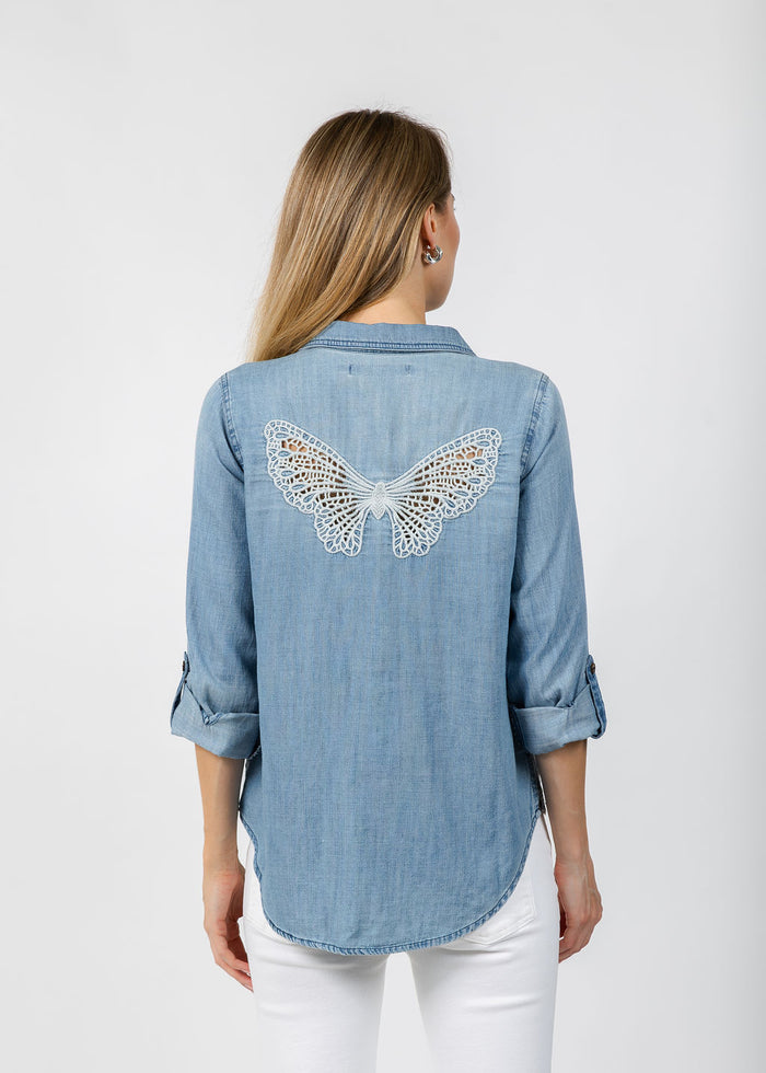 BK Golden Hour Butterfly Shirt in Washed Denim available at Barbara Katz