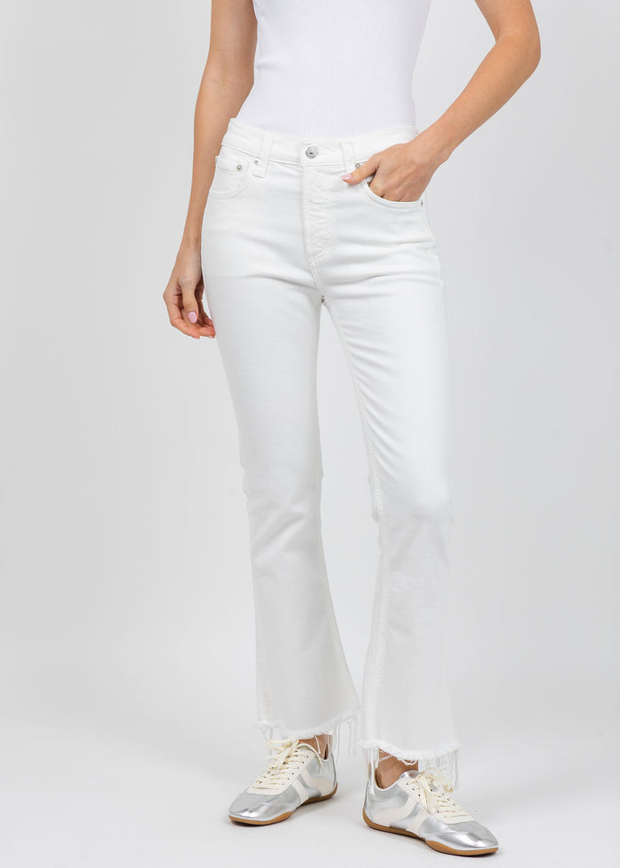 Citizens of Humanity Goldie Kick Flare Jeans 27" Raw Hem in Soft White available at Barbara Katz