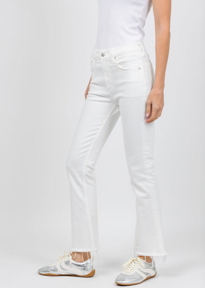 Citizens of Humanity Goldie Kick Flare Jeans 27" Raw Hem in Soft White available at Barbara Katz