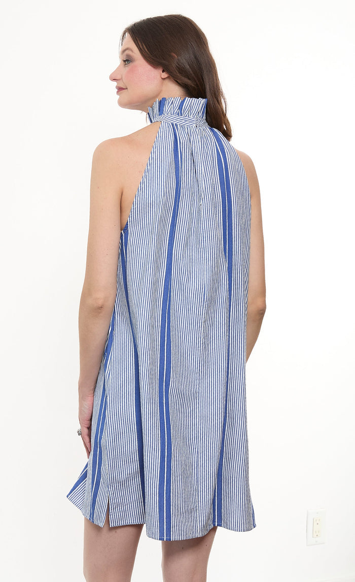Gulf Coast Halter Dress - Blue White Yarndyed Stripe available at Barbara Katz