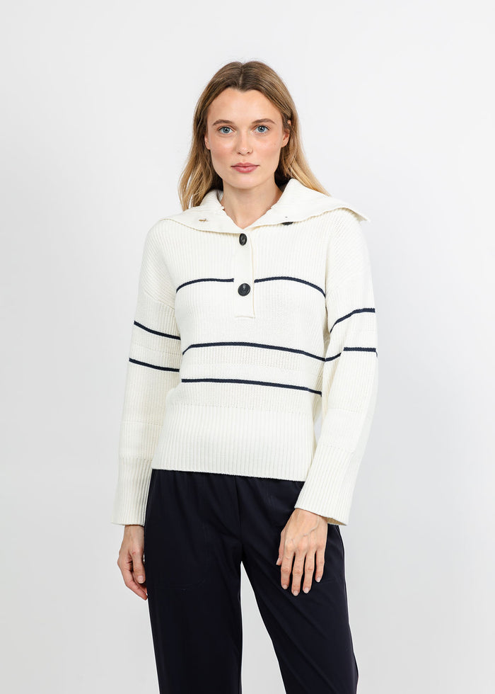 Brodie Half Cardi Striped Polo - Wispr White/Patriot Navy available at Barbara Katz
