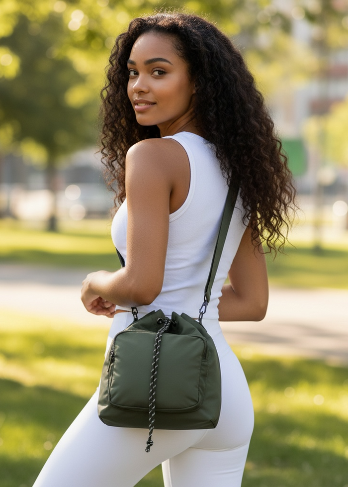 Haute Shore Harley Nylon Bucket Bag in Olive available at Barbara Katz