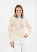 Central Park West Hazel Denim Collared Pointelle Sweater in Ivory available at Barbara Katz
