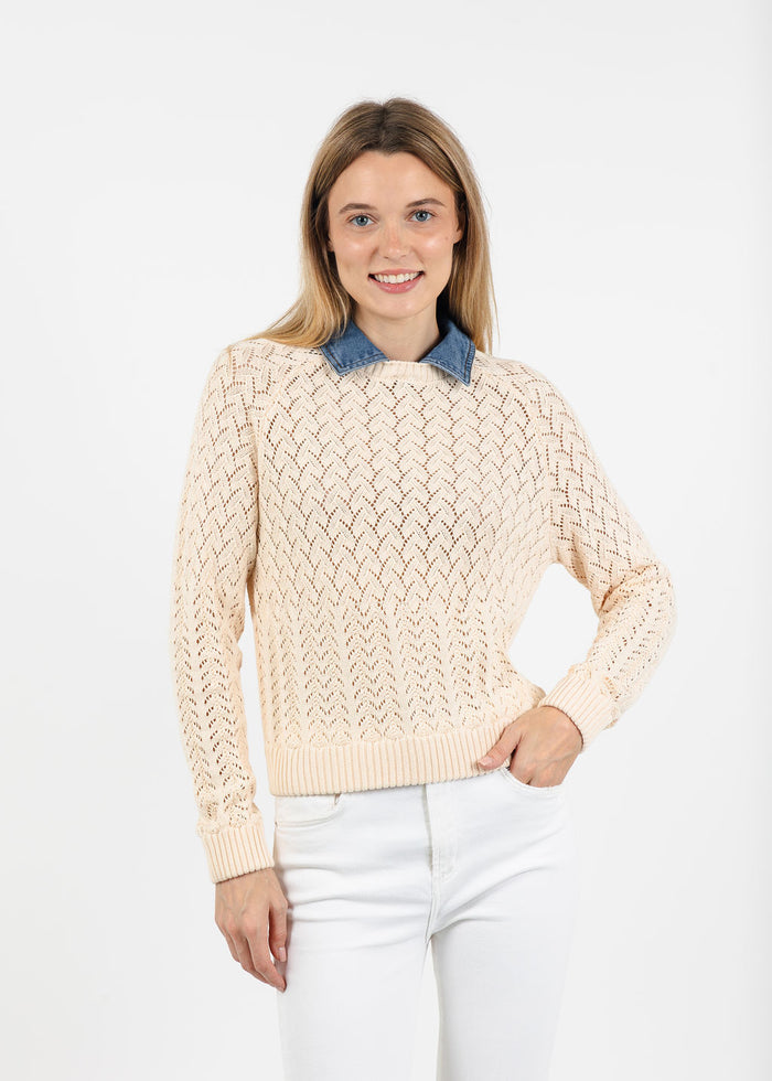 Central Park West Hazel Denim Collared Pointelle Sweater in Ivory available at Barbara Katz