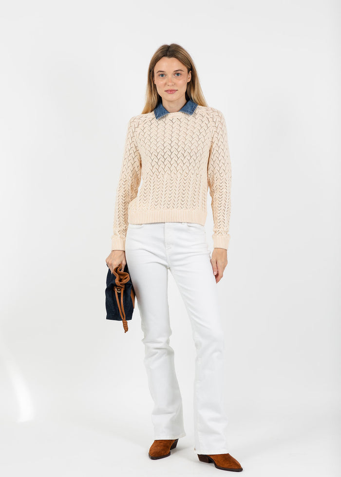 Central Park West Hazel Denim Collared Pointelle Sweater in Ivory available at Barbara Katz