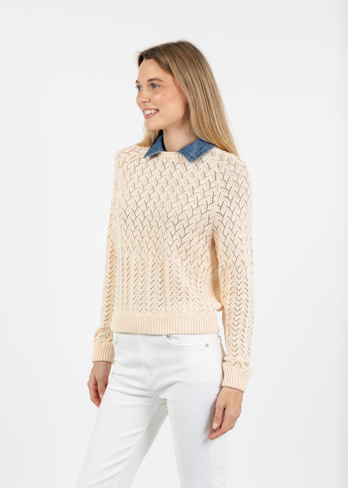 Central Park West Hazel Denim Collared Pointelle Sweater in Ivory available at Barbara Katz