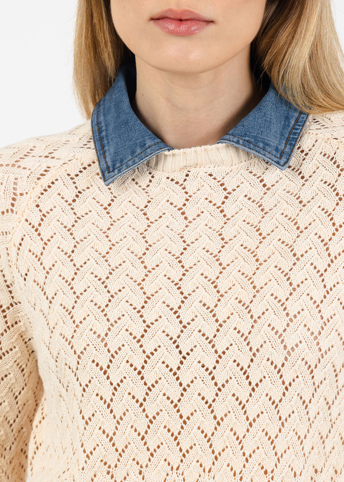 Central Park West Hazel Denim Collared Pointelle Sweater in Ivory available at Barbara Katz