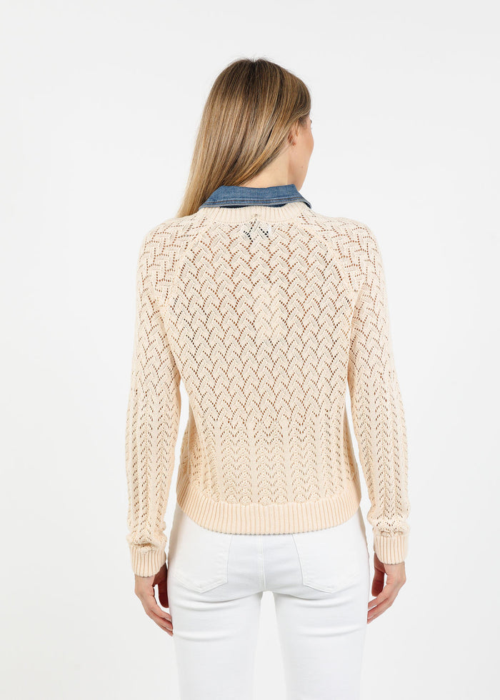 Central Park West Hazel Denim Collared Pointelle Sweater in Ivory available at Barbara Katz