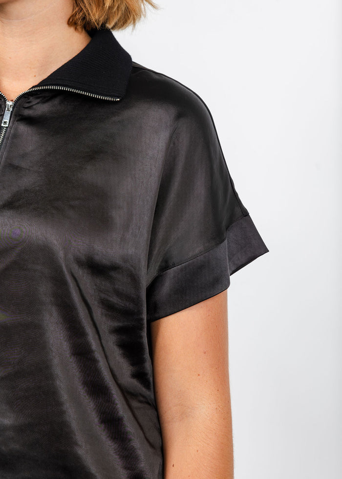 Melissa Nepton Hera Satin Half Zip Top - Black available at Barbara Katz