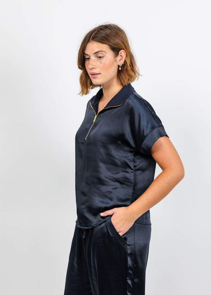 Melissa Nepton Hera Satin Half Zip Top - Dark Navy available at Barbara Katz
