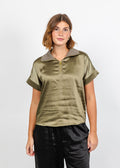 Melissa Nepton Hera Satin Half Zip Top - Medium Khaki available at Barbara Katz