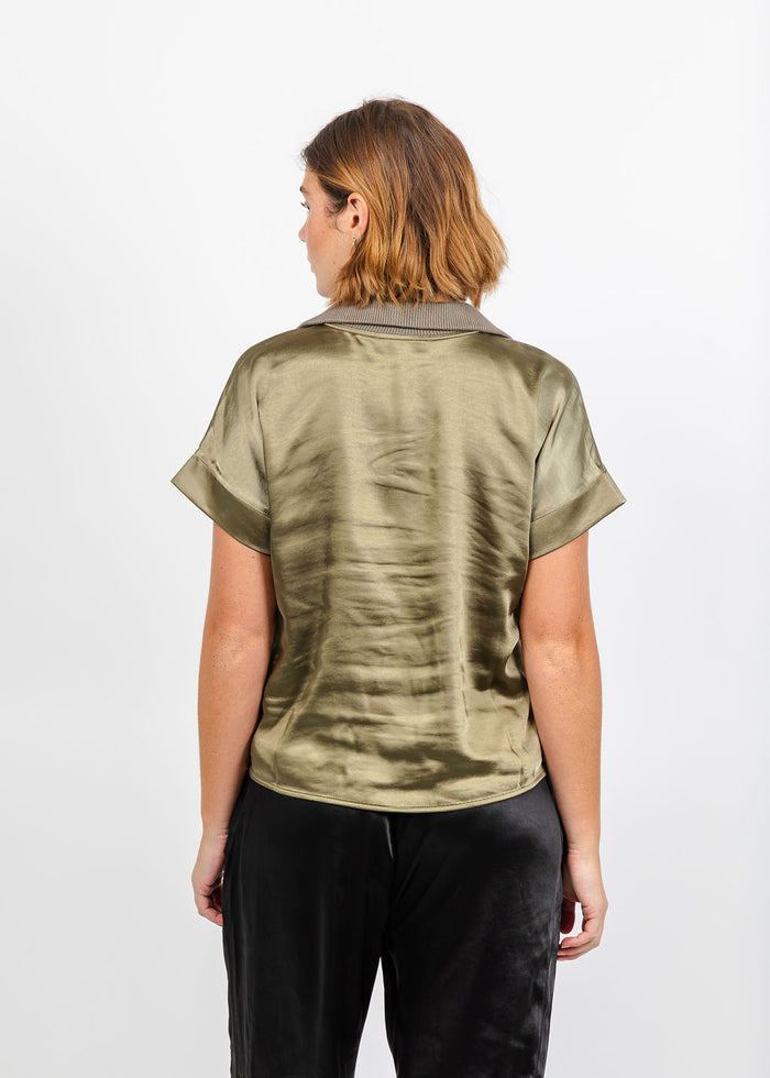 Melissa Nepton Hera Satin Half Zip Top - Medium Khaki available at Barbara Katz