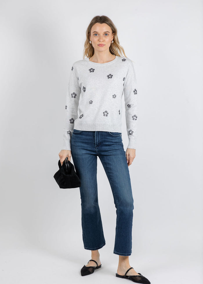 J Society Liv Sequin Flower Crew Sweater in Cloud/Silver paired with Citizens of Humanity Isola Mid Rise Cropped Boot Jeans in Regency available at Barbara Katz