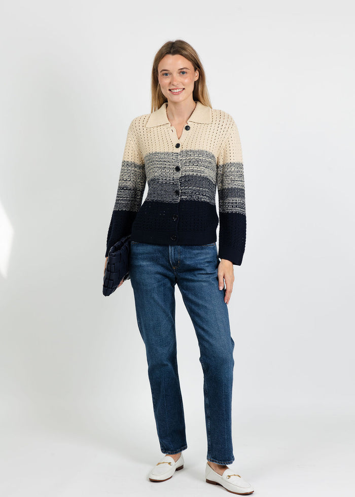 Central Park West Jacy Gradient Crochet Cardigan in Flax/Navy paired with Citizens of Humanity Savannah Cigarette Jean in Cruise available at Barbara Katz
