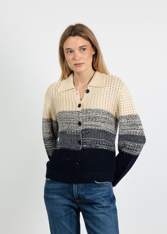 Central Park West Jacy Gradient Crochet Cardigan in Flax/Navy available at Barbara Katz